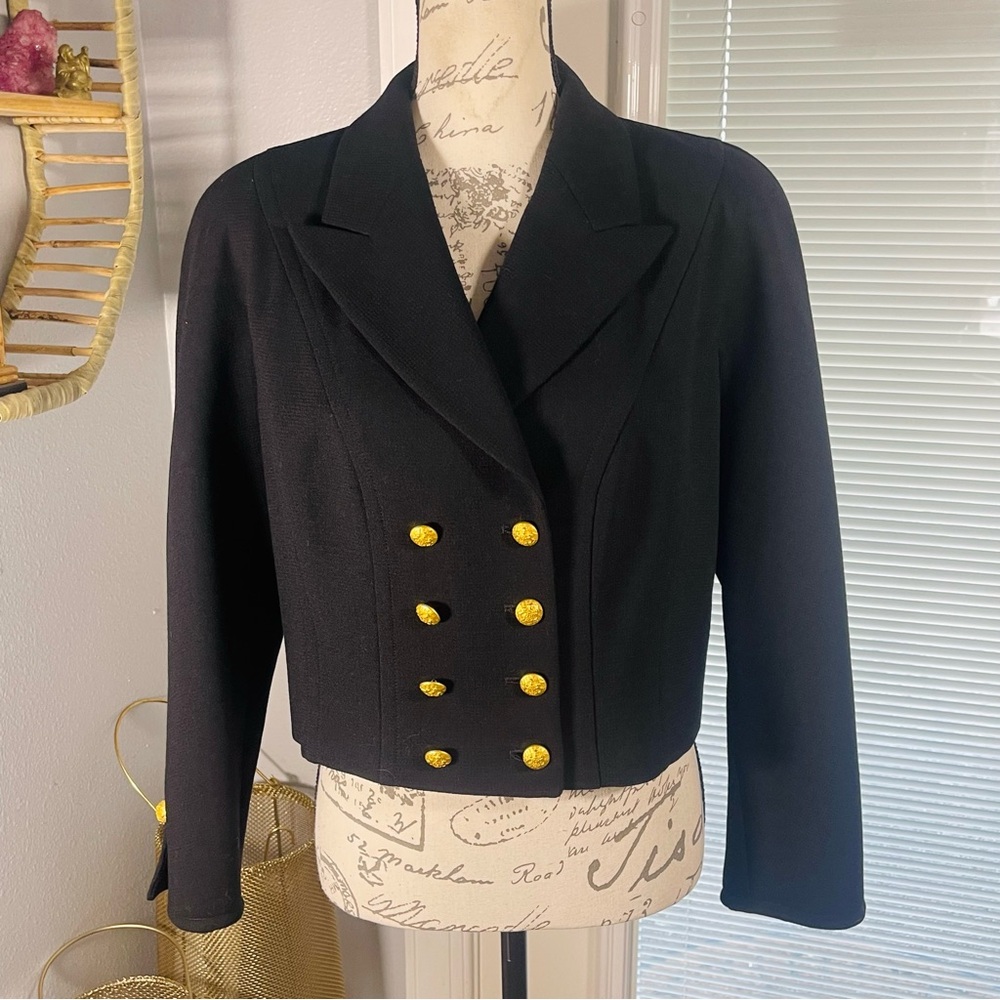 ESCADA Margaretha Ley Vtg 80’s Black Cropped Wool Gold Crest Button Jacket Sz 42